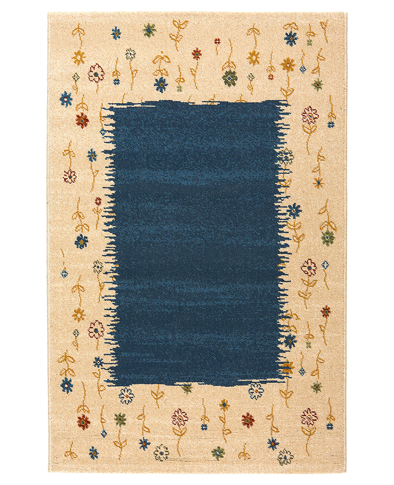 Imagen completa de la alfombra moderna floral Jairo azul y crema.