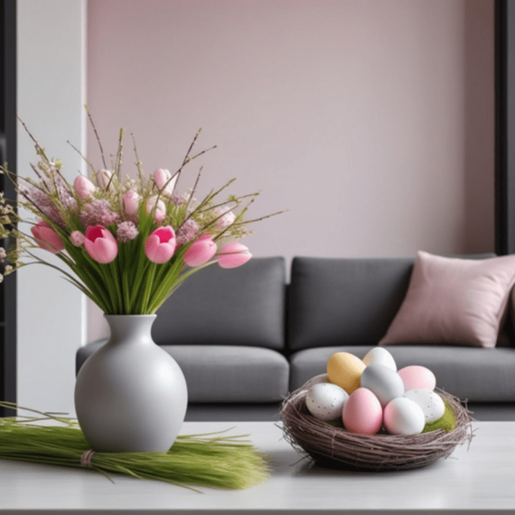 Mesa decorada con jarrón con flores y una cesta con huevos de Pascua